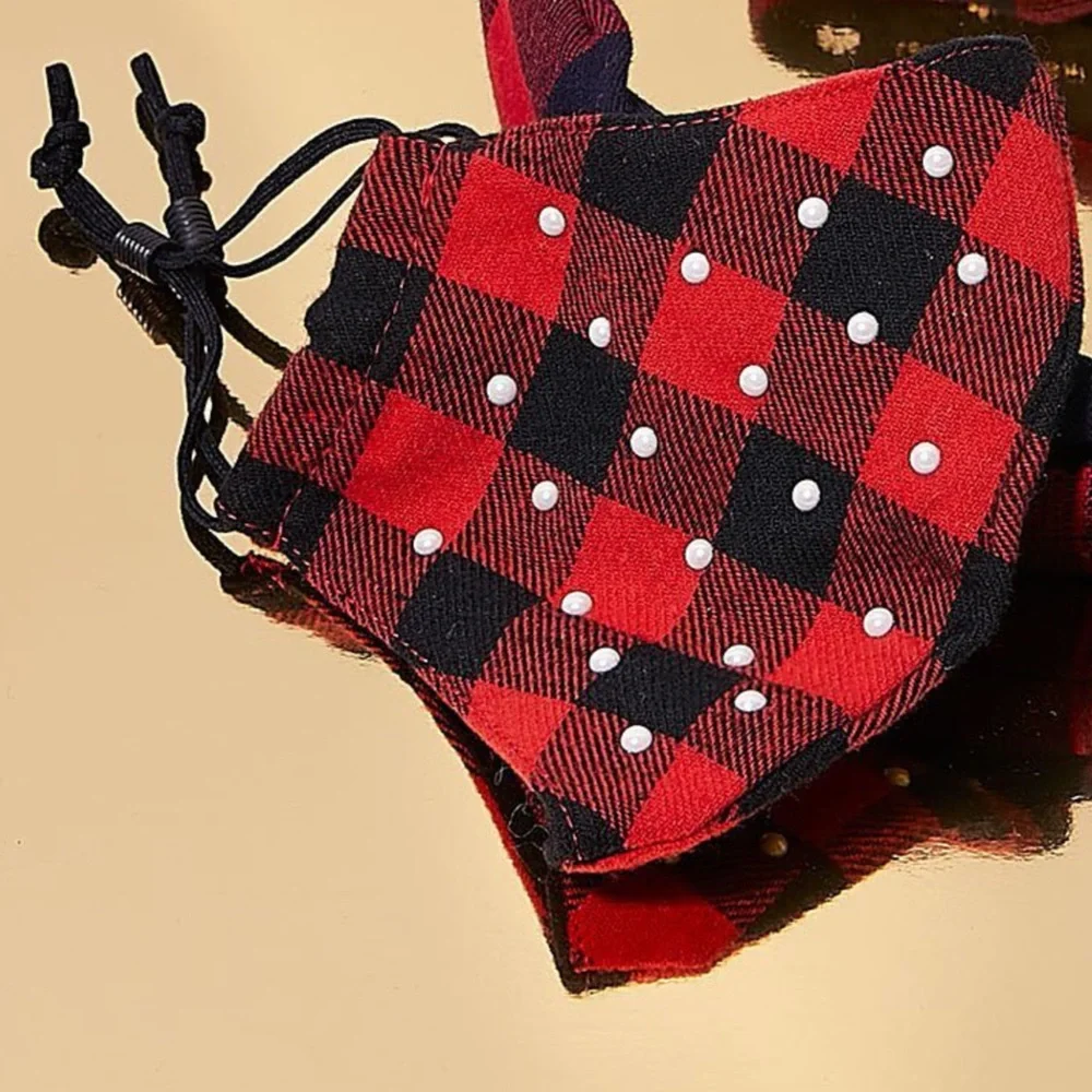 LELE SADOUGHI BUFFALO CHECK WITH PEARLS FACE MASK RED BLACK NWT